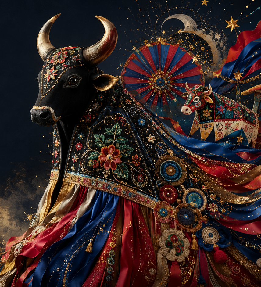Boi ornamentado com bordados, fitas e adornos dourados — referência visual ao imaginário do projeto O Boi.