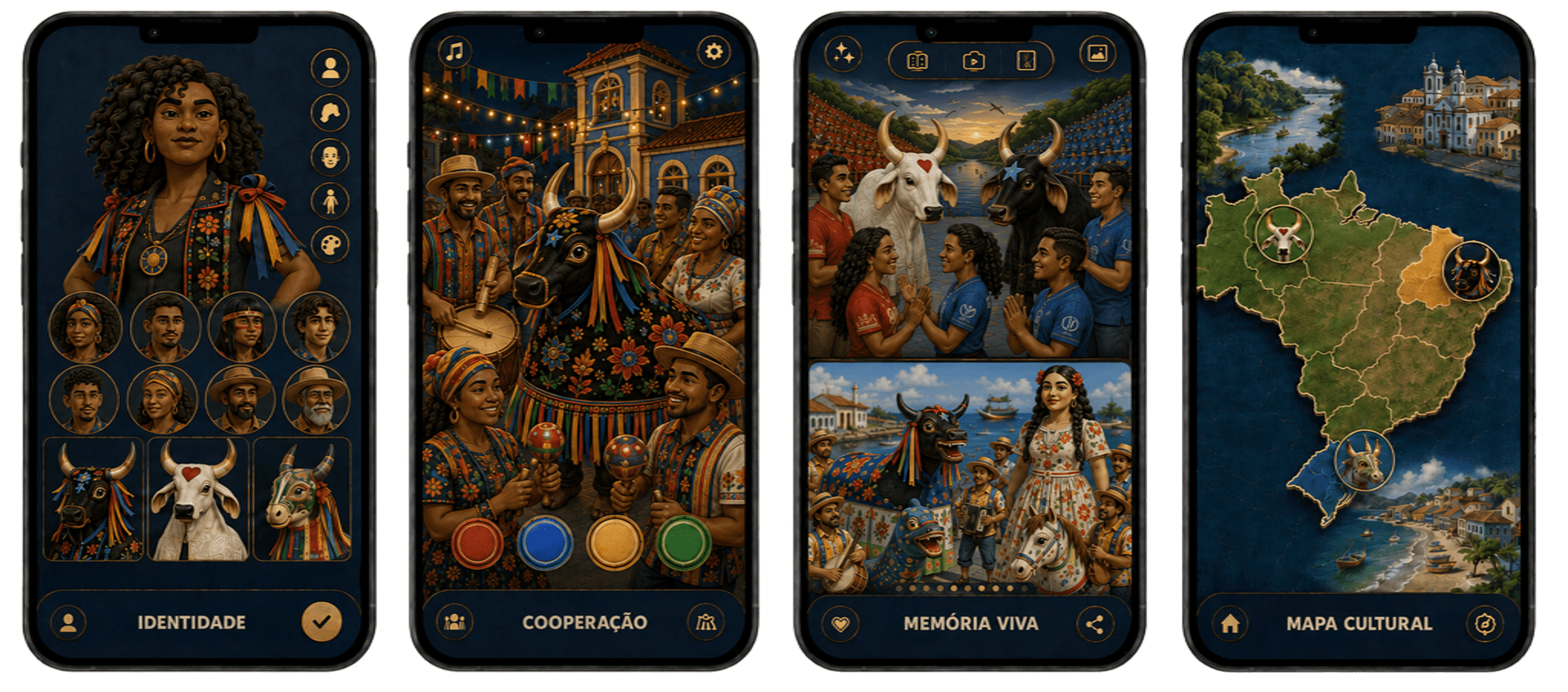 Quatro telas conceituais do aplicativo O Boi — Identidade, Cooperação, Memória Viva e Mapa Cultural.